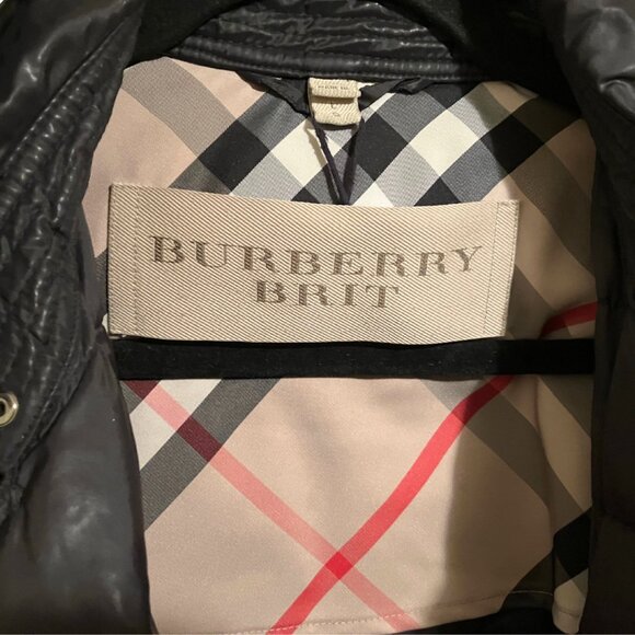 Burberry Brit Black Down Puffer Coat with Iconic Plaid Trim – Size L - Picture 3 of 13